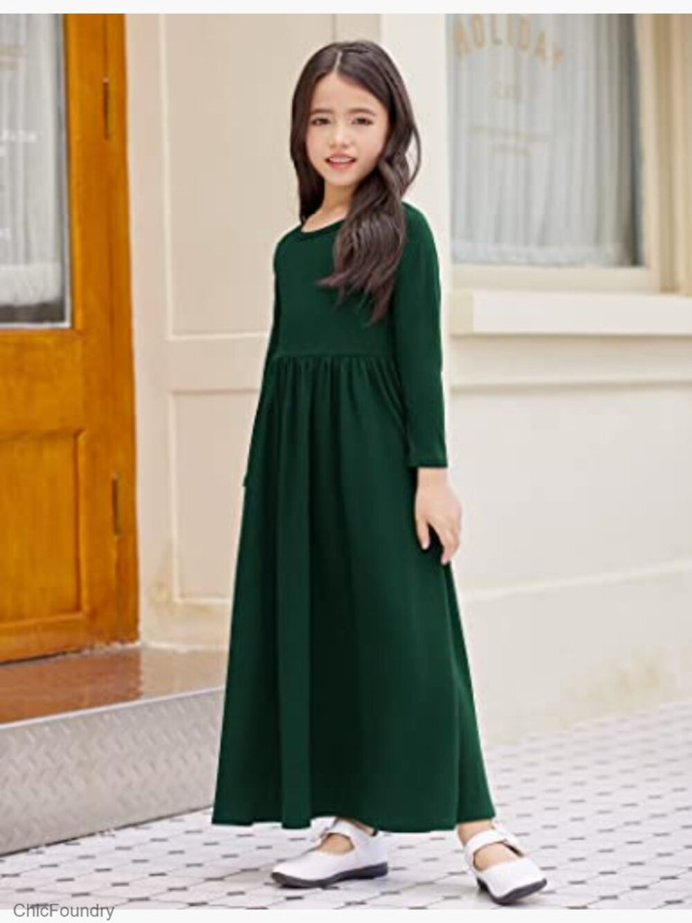 Girls Casual Maxi Dress with Pockets Long Sleeve A-Line - Picture 3 of 7